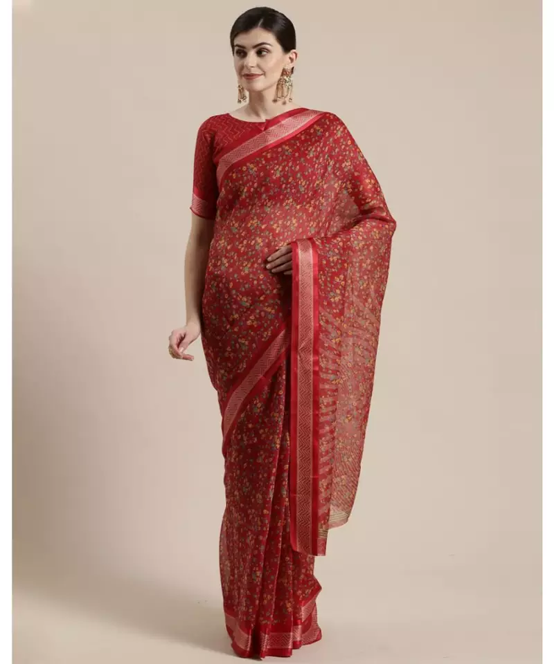 Red Floral Printed Cotton Silk Saree With Blouse