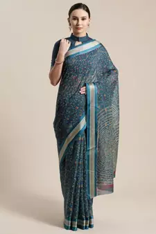 Teal Floral Printed Cotton Silk Saree  With Blouse