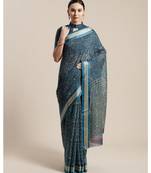 Teal Floral Printed Cotton Silk Saree  With Blouse