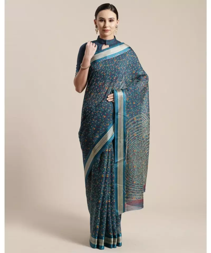 Teal Floral Printed Cotton Silk Saree  With Blouse