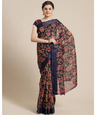 Blue Floral Printed Cotton Silk Saree With Blouse 1