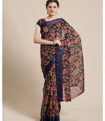 Blue Floral Printed Cotton Silk Saree With Blouse