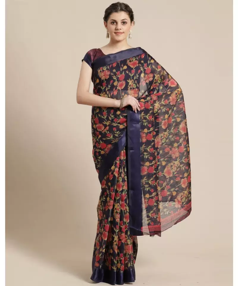 Blue Floral Printed Cotton Silk Saree With Blouse