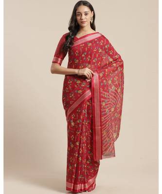 Red Floral Printed Cotton Silk Saree With Blouse 1
