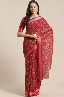 Red Floral Printed Cotton Silk Saree With Blouse