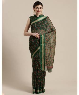 Green Floral Printed Cotton Silk Saree With Blouse 1