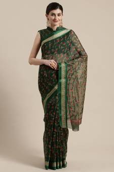 Green Floral Printed Cotton Silk Saree With Blouse