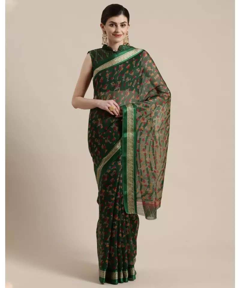 Green Floral Printed Cotton Silk Saree With Blouse
