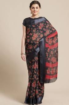 Black & Red Floral Printed Cotton Silk Saree With Blouse