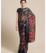 Black & Red Floral Printed Cotton Silk Saree With Blouse
