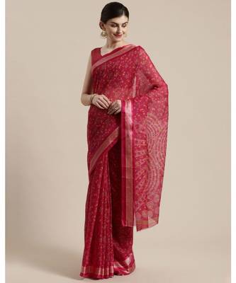 Pink  Floral Printed Cotton Silk Saree With Blouse 1