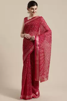 Pink  Floral Printed Cotton Silk Saree With Blouse