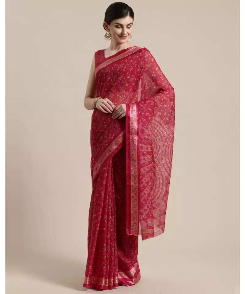 Pink  Floral Printed Cotton Silk Saree With Blouse