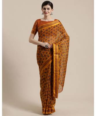 Yellow Floral Printed Cotton Silk Saree With Blouse 1