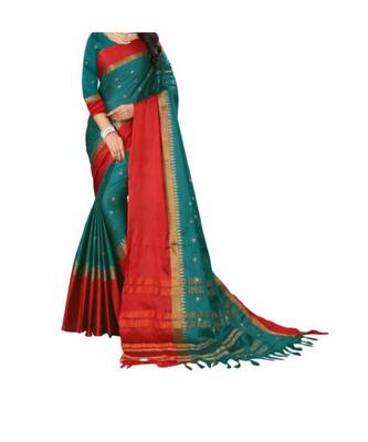 Teal Woven  Cotton Silk Saree With Blouse 2