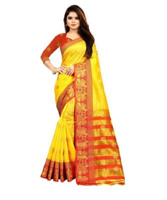 Yellow Woven  Cotton Silk Saree With Blouse 1
