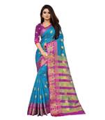 Blue Woven  Cotton Silk Saree With Blouse