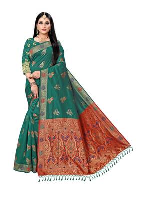 Green printed silk saree with blouse 1