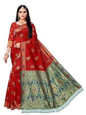 Red printed silk saree with blouse 1