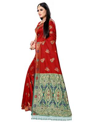 Red printed silk saree with blouse 2