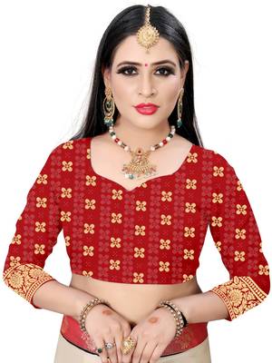 Red printed silk saree with blouse 4