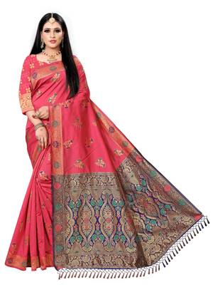 Pink printed silk saree with blouse 1