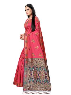 Pink printed silk saree with blouse 2