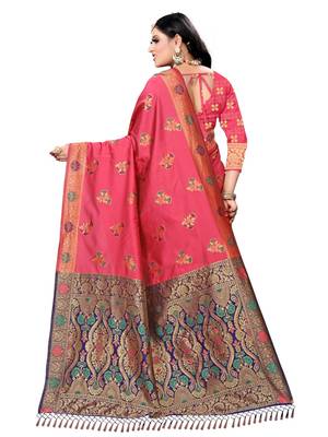 Pink printed silk saree with blouse 3