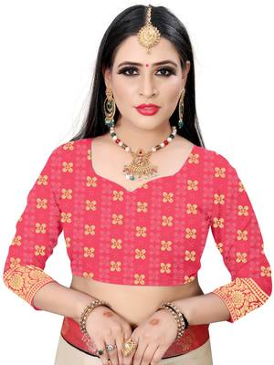 Pink printed silk saree with blouse 4