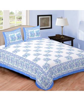 Blue Printed Cotton Double Bedsheets With Pillow Cover 1