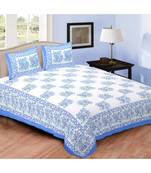 Blue Printed Cotton Double Bedsheets With Pillow Cover