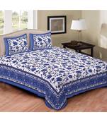 Blue Printed Cotton Double Bedsheets With Pillow Cover