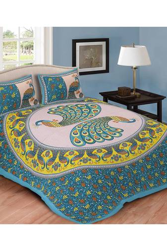 Blue Printed Cotton Double Bedsheets With Pillow Cover