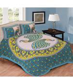Blue Printed Cotton Double Bedsheets With Pillow Cover