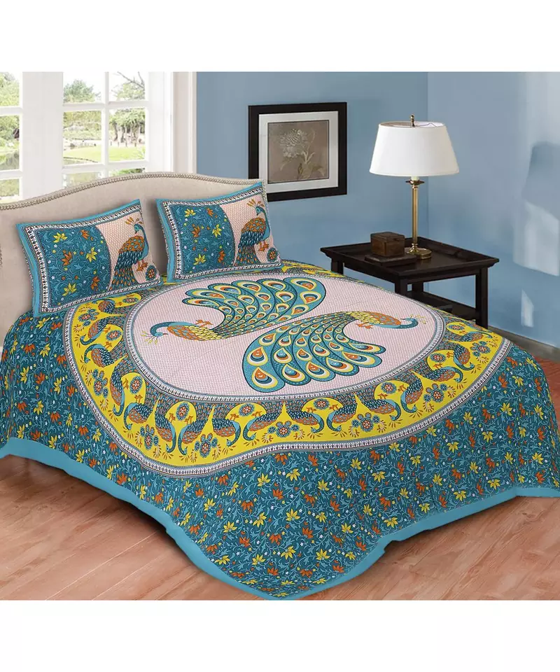 Blue Printed Cotton Double Bedsheets With Pillow Cover