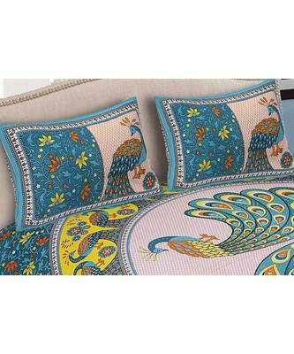 Blue Printed Cotton Double Bedsheets With Pillow Cover 2