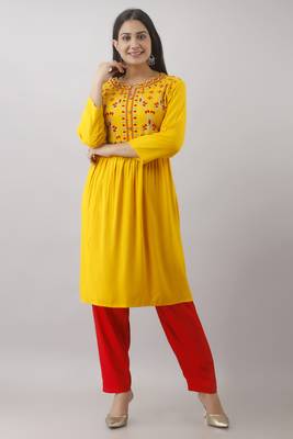 Women Rayon embroidered Anarkali kurti and plain pant Set 1