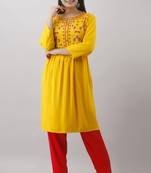 Women Rayon embroidered Anarkali kurti and plain pant Set