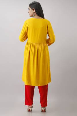 Women Rayon embroidered Anarkali kurti and plain pant Set 2
