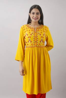 Women Rayon embroidered Anarkali kurti and plain pant Set 3