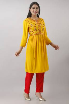 Women Rayon embroidered Anarkali kurti and plain pant Set 4