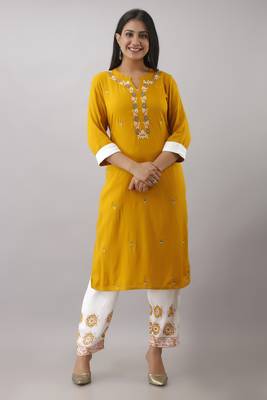 Women New Latest Rayon embroidered kurta Yellow and block printed pant (Pack Of 1) 1