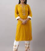 Women New Latest Rayon embroidered kurta Yellow and block printed pant (Pack Of 1)