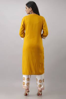 Women New Latest Rayon embroidered kurta Yellow and block printed pant (Pack Of 1) 2