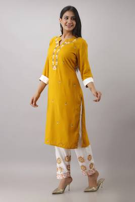 Women New Latest Rayon embroidered kurta Yellow and block printed pant (Pack Of 1) 3