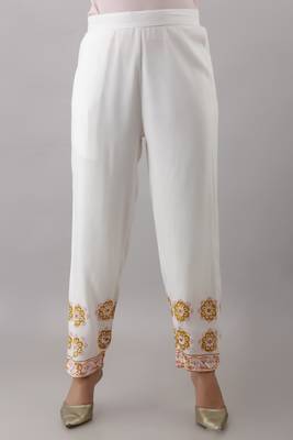 Women New Latest Rayon embroidered kurta Yellow and block printed pant (Pack Of 1) 5
