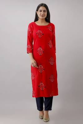 Women Rayon printed kurta with front all over embroidered and hand work with plain Palazzo Pant  1