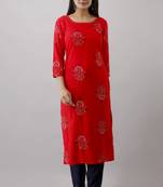 Women Rayon printed kurta with front all over embroidered and hand work with plain Palazzo Pant 