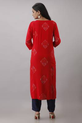 Women Rayon printed kurta with front all over embroidered and hand work with plain Palazzo Pant  2