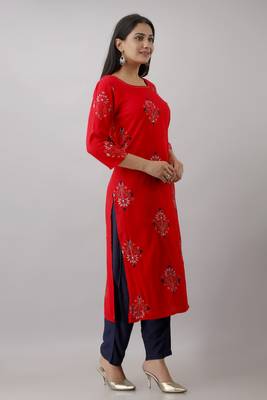 Women Rayon printed kurta with front all over embroidered and hand work with plain Palazzo Pant  3
